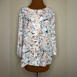 Karl Lagerfeld Pink and White Floral Blouse Tie Cuff Size Medium